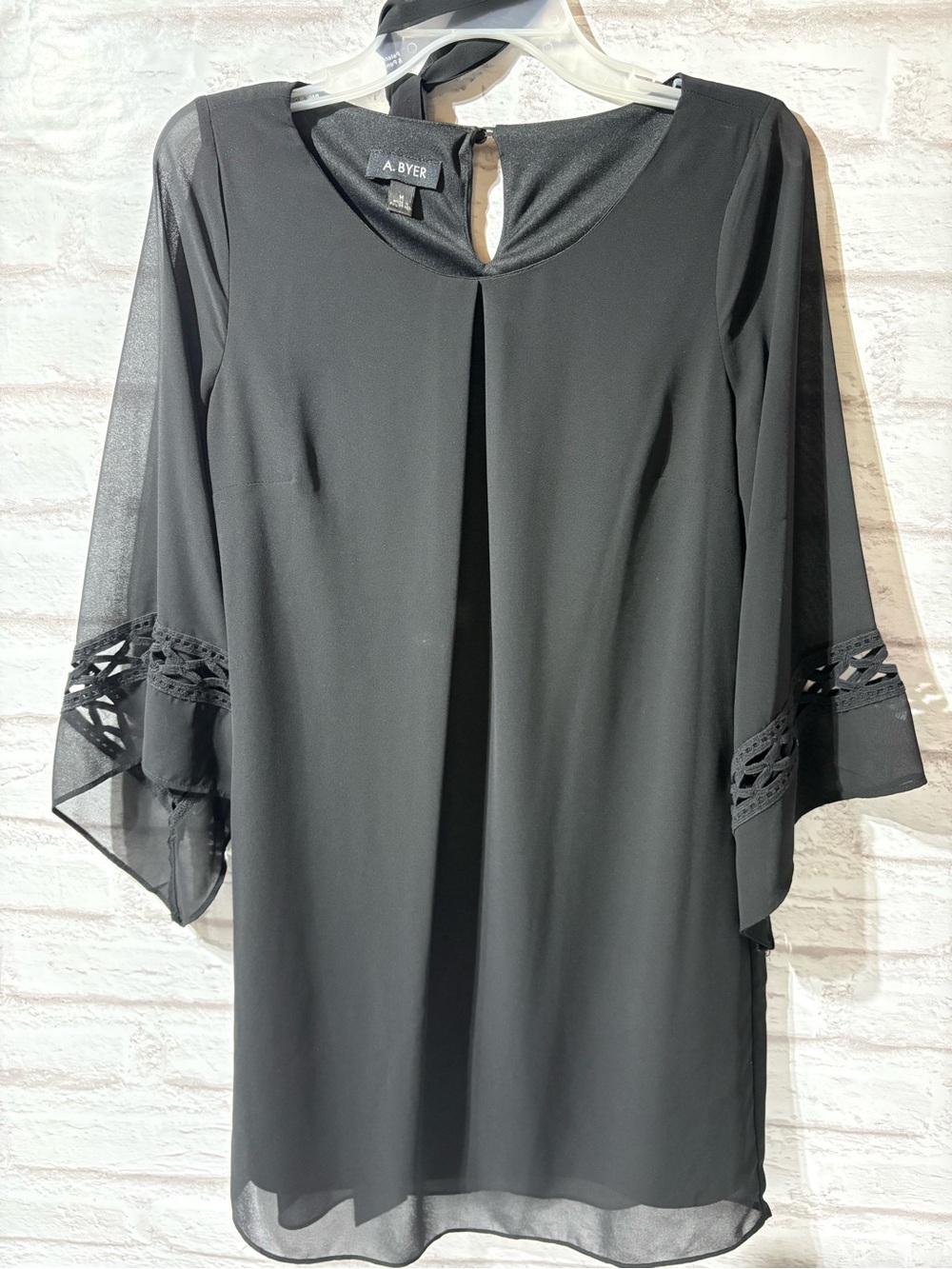 A. Byer Black Long Sleeve Sheer-Cuff Shift Dress